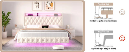 Floating Queen Size Bed Frame – Modern Upholstered Platform Bed with LED Lights, USB Charging Headboard & Velvet Fabric