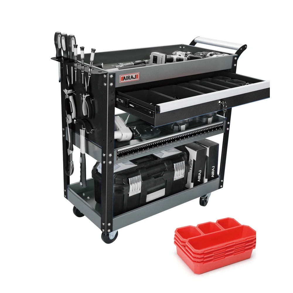 AIRAJ 3-Tier Rolling Tool Cart on Wheels - 440 lbs Capacity Storage for Garage & Warehouse, Available in Blue/Black/Red