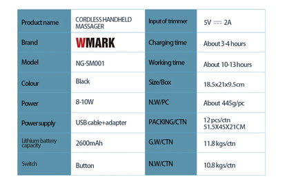 WMARK NG-SM001 Cordless Handheld Massager — 2600mAh Barber Massager for Professional Use