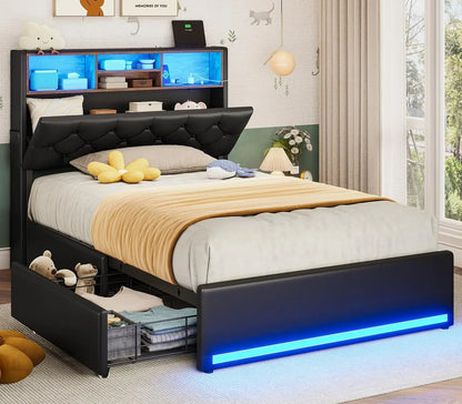 Queen Bed Frame with Headboard & 4 Drawers – LED Upholstered and Metal Bed with Charging Station, Twin & Queen Sizes