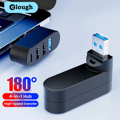 Elough 4-Port USB Hub - 180° Rotatable USB 3.0/2.0 and Type-C Data Transfer Adapter for Laptop, MacBook, and PC