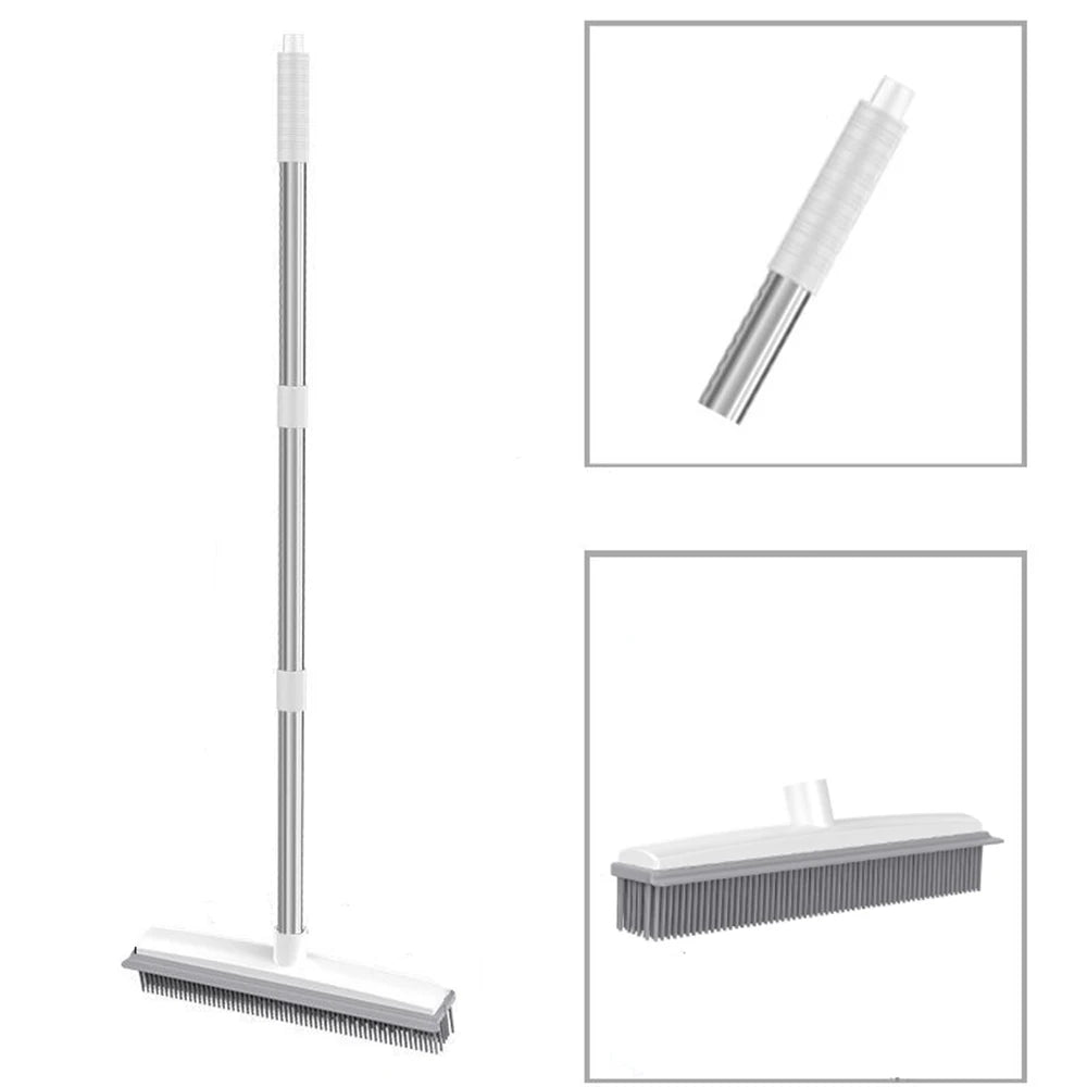 Long Handle Rubber Broom: Pet Hair Remover with Squeegee - Ideal for Fluff Carpet and Hardwood Floors, No Scratch Guarantee