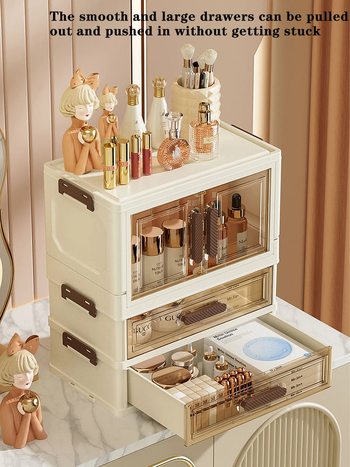 Foldable Transparent Cosmetic Organizer — Multi-Layer Drawer-Style Desktop Beauty Storage Box, Dustproof Makeup Organizer