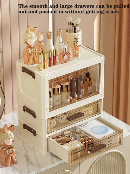 Foldable Transparent Cosmetic Organizer — Multi-Layer Drawer-Style Desktop Beauty Storage Box, Dustproof Makeup Organizer