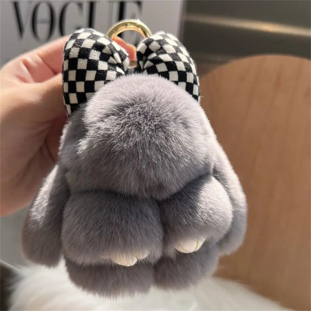 Hair Bow Rabbit Fur Keychain – Cute Fluffy Bunny Plush Bag Charm & Couple Pendant