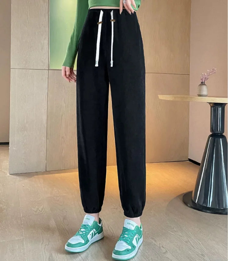 M-4XL Women’s Maternity Radish Pants – Cotton Fleece Ankle-Length Corduroy Sweatpants, High Waist Autumn Pregnancy Trousers
