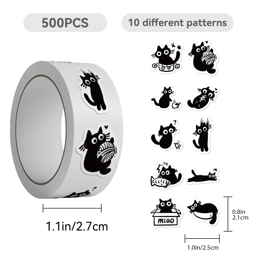 500pcs Cartoon Black Cat Stickers – Cute DIY Decals for Laptops, Scrapbooks, Diaries, Guitars, Helmets & Water Bottles