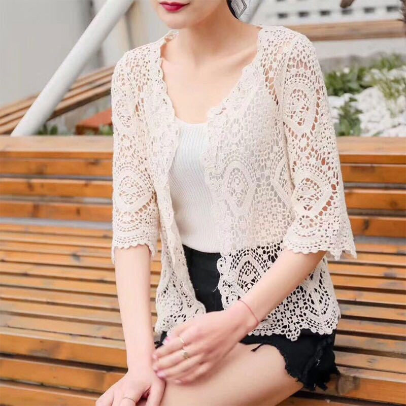 Women's Knit Lace Shrug – Hollow Crochet Floral 3/4 Sleeve Open Front Crop Cardigan F3MD