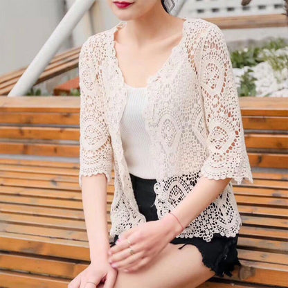 Women's Knit Lace Shrug – Hollow Crochet Floral 3/4 Sleeve Open Front Crop Cardigan F3MD