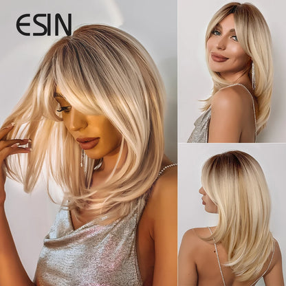 ESIN Synthetic Dark Brown Wig for Women - Long Wavy Wig with Bangs, Heat Resistant for Party & Daily Use