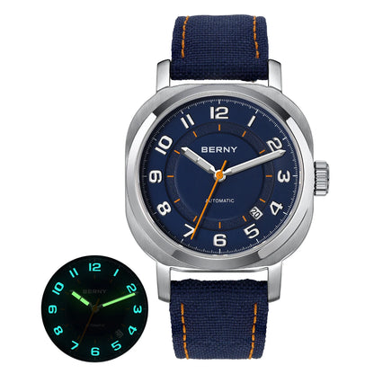 BERNY Women’s Mechanical Watch — Self-Wind Pillow Cushion Design with Sapphire Crystal, Super Luminous Display, Canvas Strap, and Calendar Function