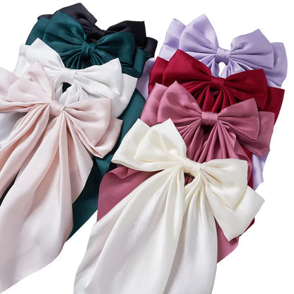 8 Ladies Satin Ribbon Bow Hair Clips – Oversized White, Pink, Red, Blue, Black Long Tail, Spring Clip for Ponytail Hair Accessories
