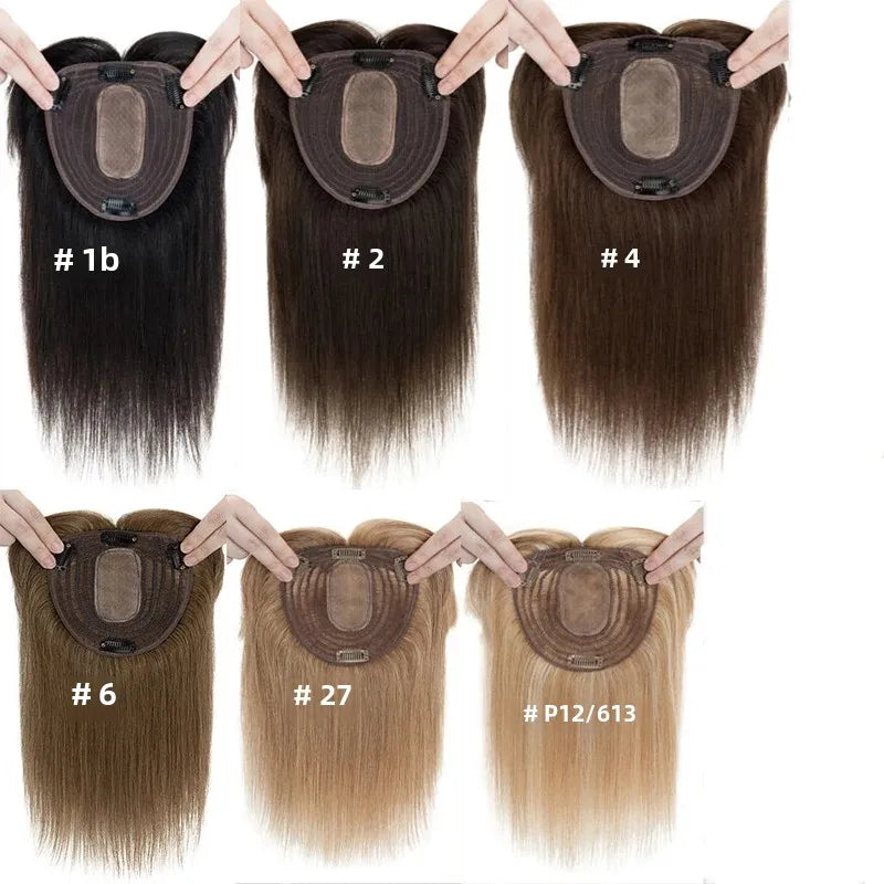 Silk Top Swiss Lace Clip-In Topper – Straight Real Human Hair Toupee with Bangs, Breathable & Soft, Blonde Color