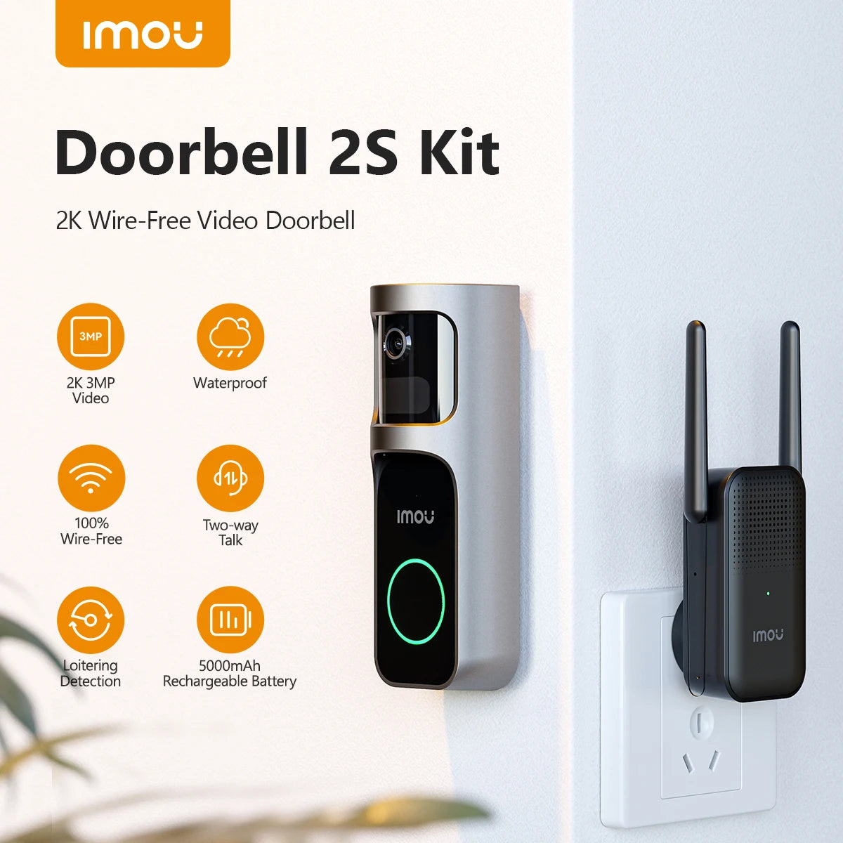IMOU Video Doorbell 2S – 5000mAh Rechargeable Battery, 30° Pan Lens, Human Detection, Two-Way Talk, Waterproof, 100% Wire-Free with Chime