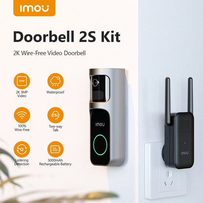 IMOU Video Doorbell 2S – 5000mAh Rechargeable Battery, 30° Pan Lens, Human Detection, Two-Way Talk, Waterproof, 100% Wire-Free with Chime