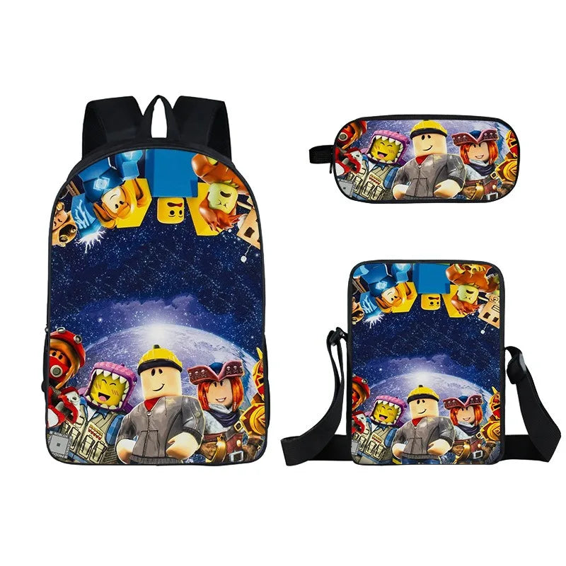 Kids Roblox 3-in-1 Backpack Set — School Bookbag, Shoulder Bag & Pencil Case Waterproof Travel Bag for Teens