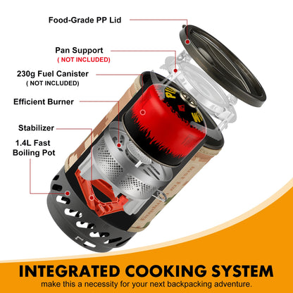 1.4L Backpacking Stove – Portable Propane Camp Burner with Red Tripod for Camping Cooking Gear