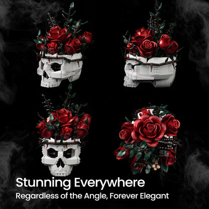 Skull Roses Bouquet Building Set – Gothic Skeleton Flower Pot Blocks for Horror Home Decor & Adult Christmas Gift