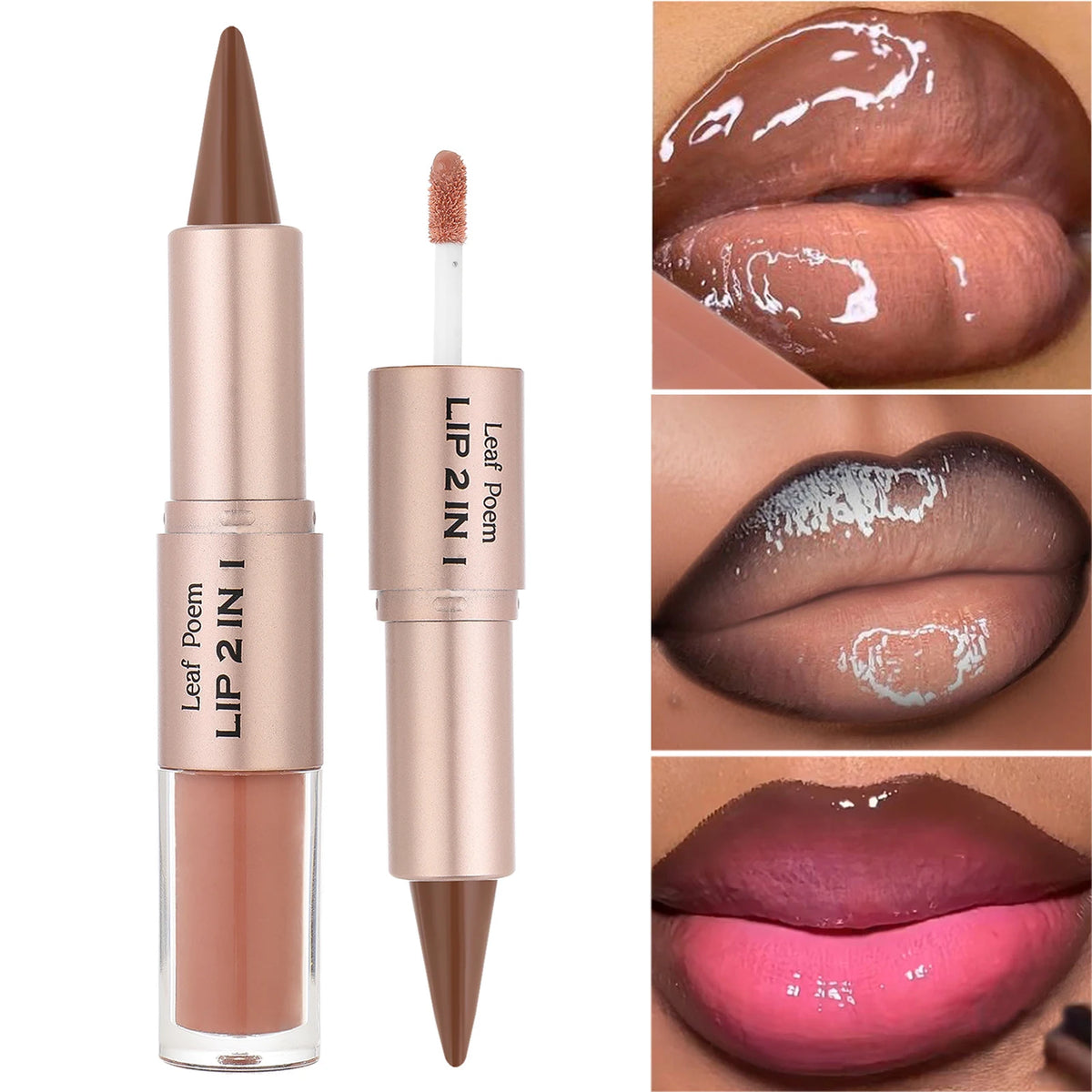 Double-Ended Lip Liner and Gloss Set - Tapered Lip Contour Pencil with Mirror, Plumping Crystal Lip Glaze, and Red Lip Tint