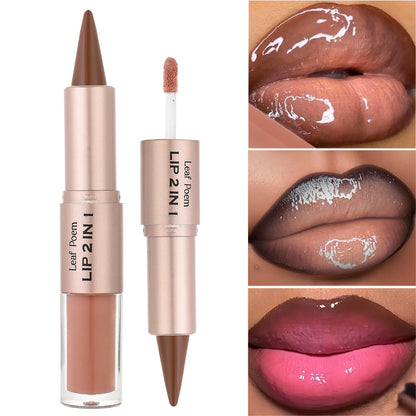 Double-Ended Lip Liner and Gloss Set - Tapered Lip Contour Pencil with Mirror, Plumping Crystal Lip Glaze, and Red Lip Tint