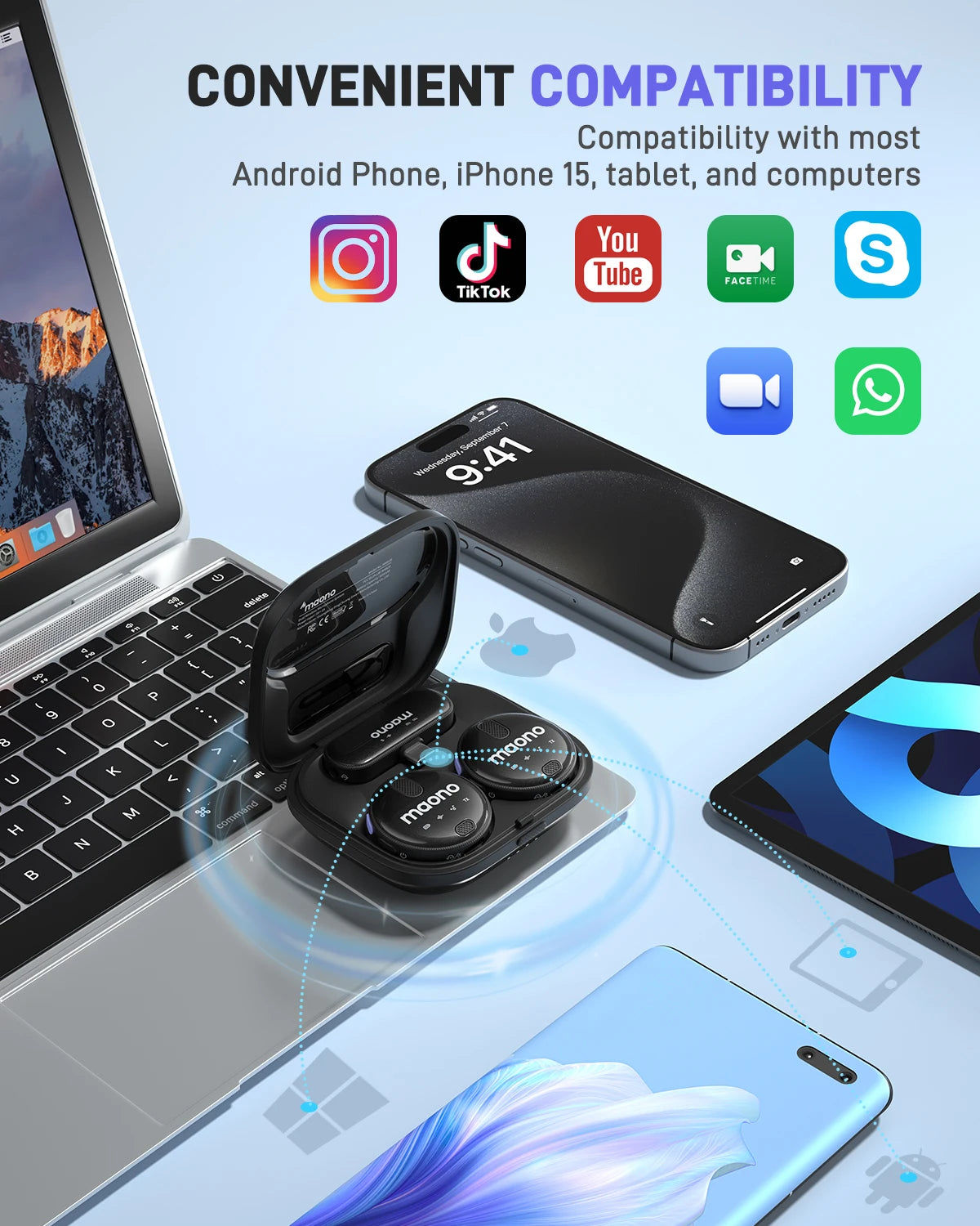 MAONO Wireless Lavalier Microphone with Noise Reduction - Lapel Mic for iPhone 15, Android, USB C - Perfect for TikTok, Streaming, Vlog - WM620 PC2