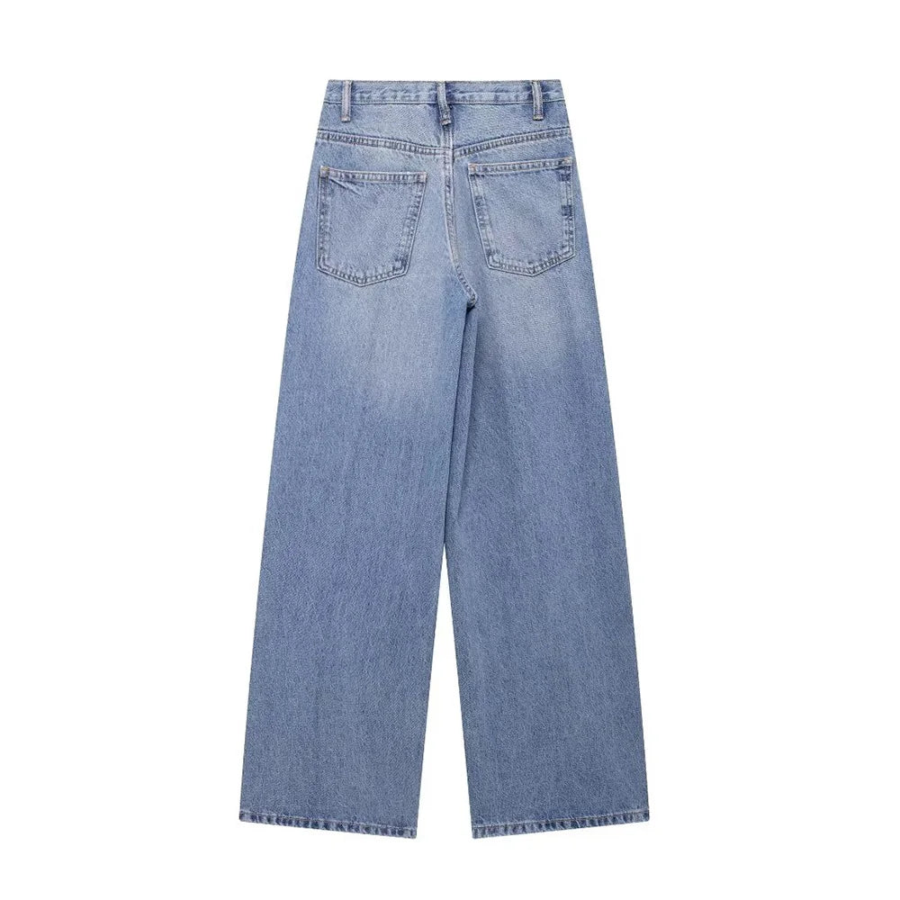 TRAF Women’s Basic Hundred Jeans — High Waist Asymmetric Wide-Leg Trousers, Casual Straight-Leg Fashion Jeans