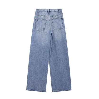 TRAF Women’s Basic Hundred Jeans — High Waist Asymmetric Wide-Leg Trousers, Casual Straight-Leg Fashion Jeans