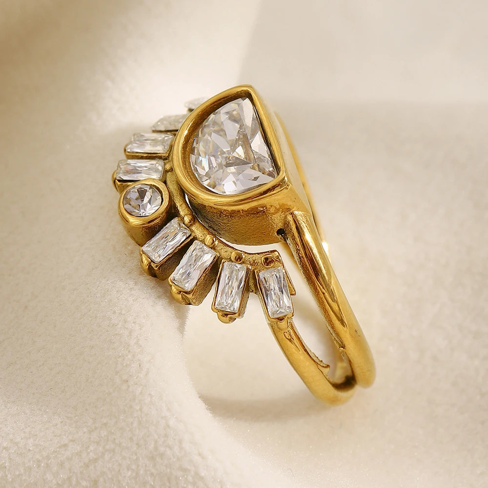 Women's Stainless Steel Rhinestone Sun Layer Ring – Elegant Tarnish-Free Party Jewelry Gift