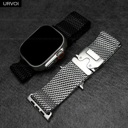 URVOI Stainless Steel Mesh Band for Apple Watch Ultra 2/1, Series 10/9 – 316L Secure Parachute Buckle, 46/49mm