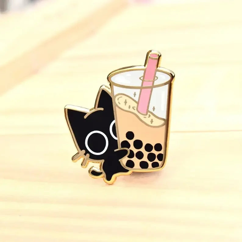 Boba Cat Enamel Pin — Cute Black Cat Kawaii Bubble Tea Accessory Pin