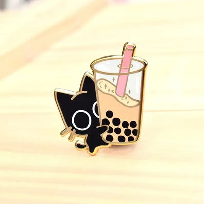 Boba Cat Enamel Pin — Cute Black Cat Kawaii Bubble Tea Accessory Pin