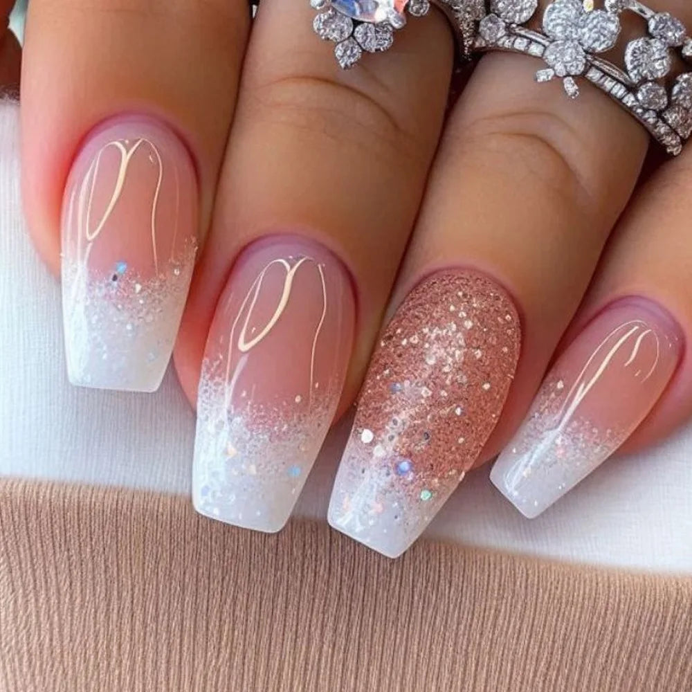24pcs Blue Golden Stripe Press-On Nails Shiny Powder Long Square Full Cover False Nail Tips Wearable Love Design
