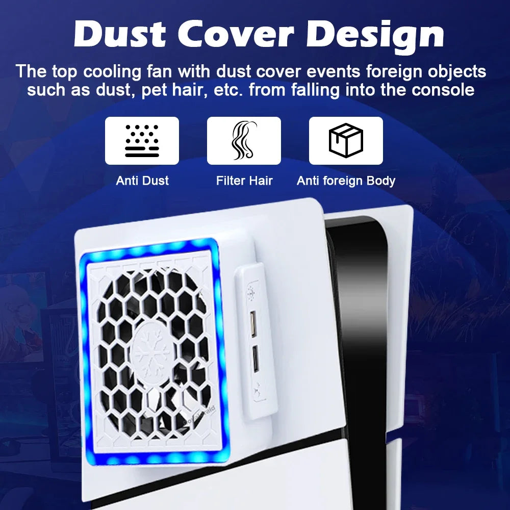 NEW Side-Mounted Cooling Fan for PS5 Slim – LED Light & 2 USB Ports Game Console Cooler Accessory
