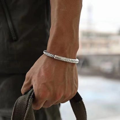 Retro Tibetan Six-Character Mantra Bracelet — Silver Plated Lotus Cuff for Men