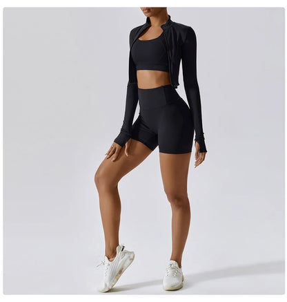 3PCS Women’s Yoga & Workout Set – Long Sleeve Zipper Top with High Waist Leggings Fitness Sportswear