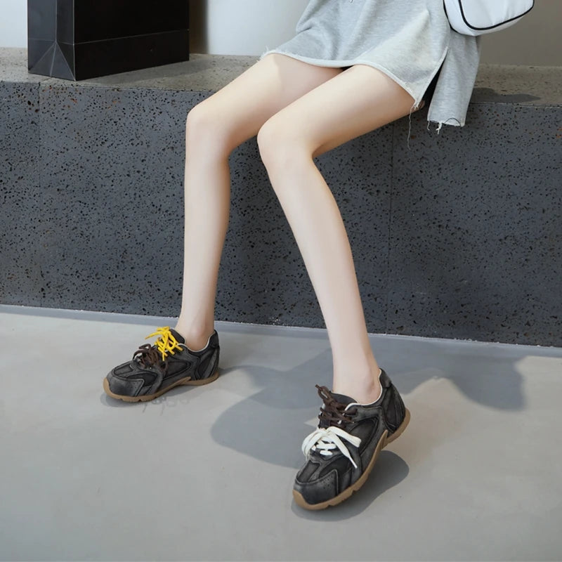 DIMANYU Women’s Genuine Leather Gump Shoes – 2025 Spring Retro Lace-Up Non-Slip Casual Sneakers