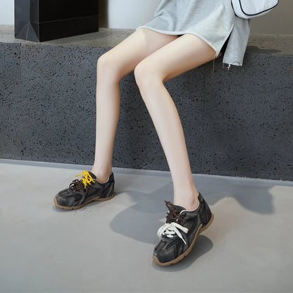 DIMANYU Women’s Genuine Leather Gump Shoes – 2025 Spring Retro Lace-Up Non-Slip Casual Sneakers