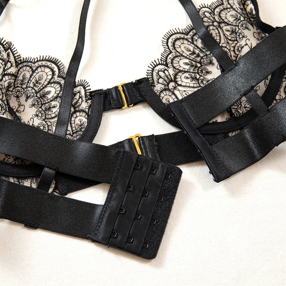 Krasapt Luxury Black Flower Embroidery Lingerie – 4PC Mesh Bra, Thong & Garter Erotic Set