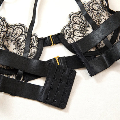 Krasapt Luxury Black Flower Embroidery Lingerie – 4PC Mesh Bra, Thong & Garter Erotic Set