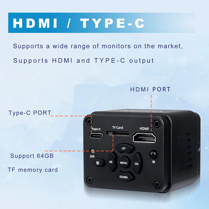 1080P 48MP 4K Digital Microscope – HDMI/USB/VGA Camera with 150X C-Mount & Articulated Arm for Repair