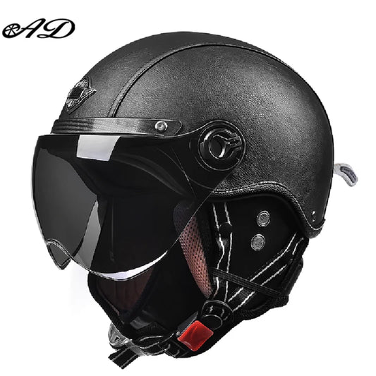 AD Retro Motorcycle Helmet – Harley Visor Leather Helmet for Men, Electric Motorbike Vintage Safety Cap