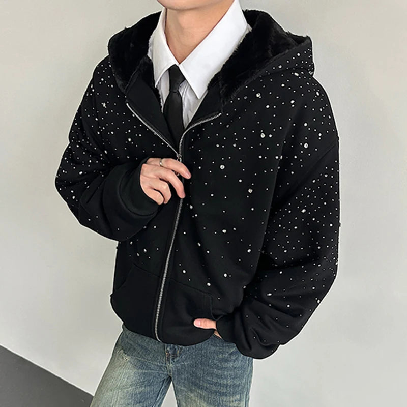 Men’s Faux Fur Patchwork Hoodie - Diamond Design Zip-Up Sweater with Loose Fit