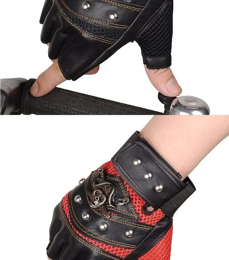 Pirate Skull PU Leather Fingerless Gloves for Men & Women – Hip Hop, Gym, Moto Half-Finger Mitts with Rivets