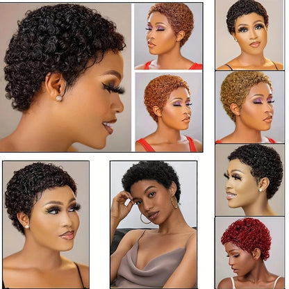 99J Short Curly Human Hair Wig - Full Machine-Made Kinky Curly Wig for Women