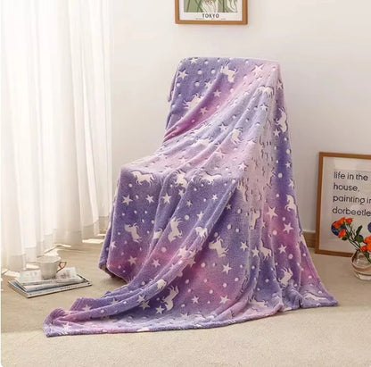 Luminous Unicorn & Dinosaur Plush Blanket – Glow-in-the-Dark Soft Flannel Throw for Boys & Girls, Christmas Gift
