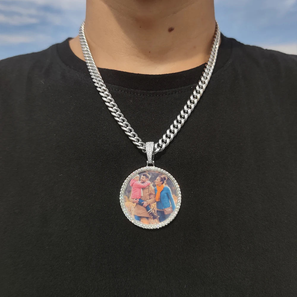 Custom Photo Medallion Necklace - 18K Gold Iced Out Cuban Pendant Hip Hop Personalized Picture Jewelry Gift