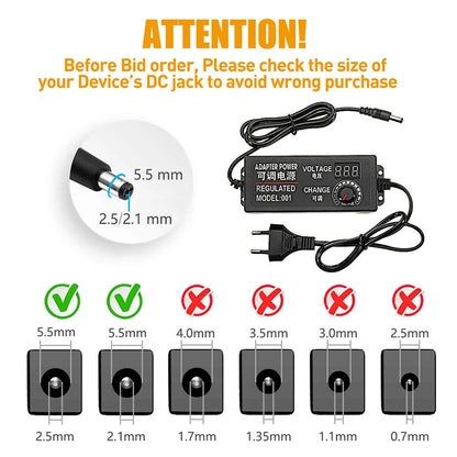 Adjustable AC DC Power Supply Adapter - 3V-36V Universal Voltage Converter with Multiple Jack Plugs for Home Appliances