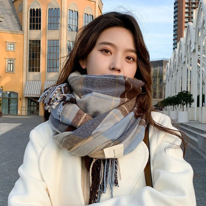 Women's Winter Korean-Style Scarf - British Classic Checkered Thickened Neck Warmer for Students - Unisex Autumn/Winter Accessory