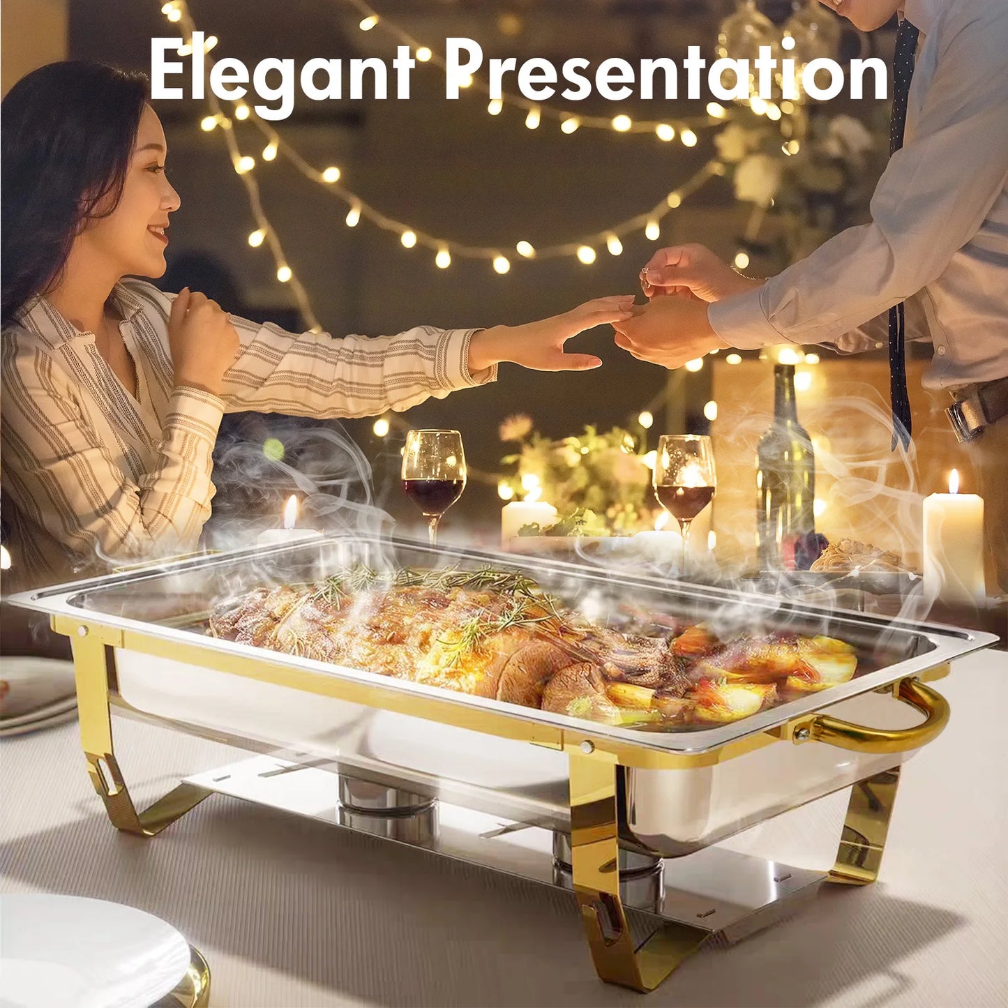 6-Pack 9QT Golden Stainless Steel Chafing Dishes – Buffet Warmer Set for Catering, Parties & Weddings