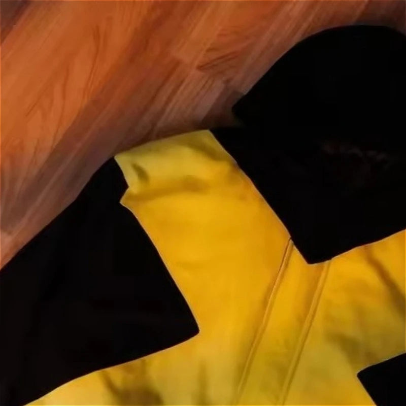 2026 Black & Yellow Cross Jacket - American High Street Loose Fit Stand Collar Zipper Cardigan Jacket